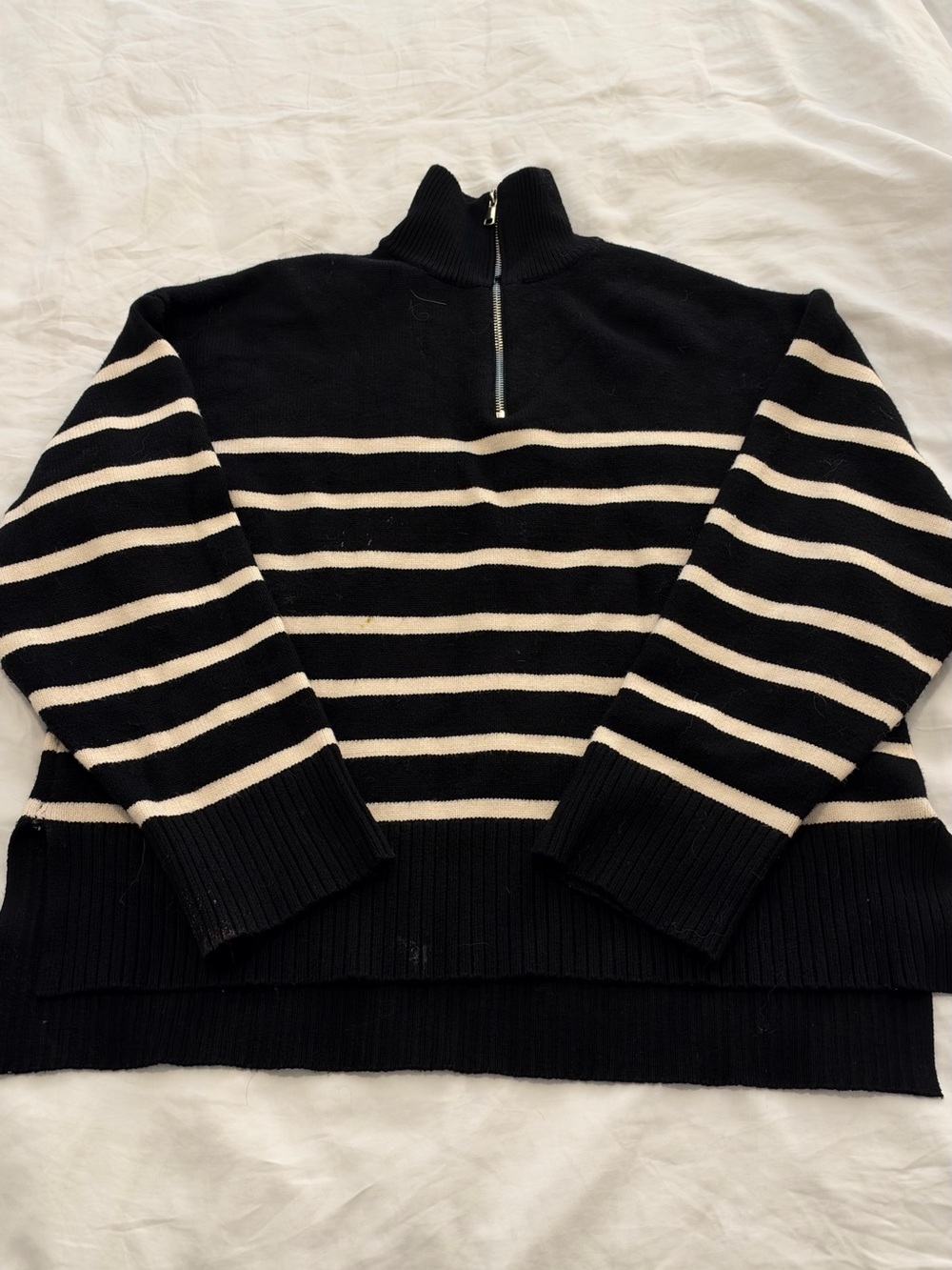 Zara Black and Cream Striped Zip-Up Sweater